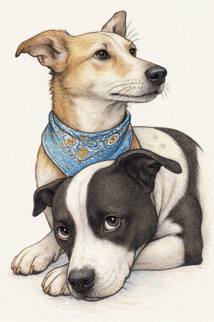 Hand-drawn illustration of two dogs, one wearing a blue bandana