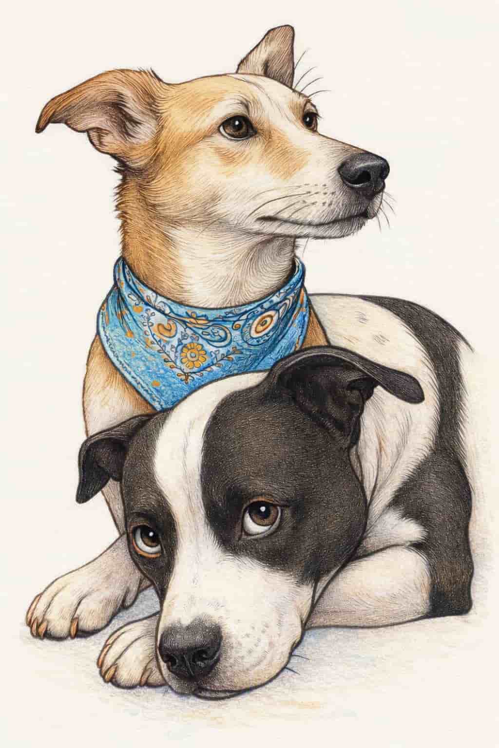 Optimized hand-drawn illustration of two dogs, one wearing a blue bandana