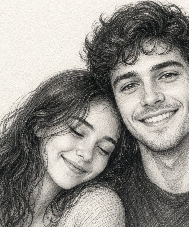 Hand-drawn pencil sketch portrait of a smiling couple