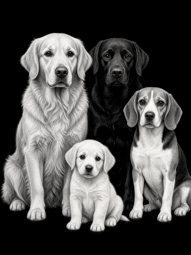 Hand-drawn pencil sketch of a group of four dogs on a black background