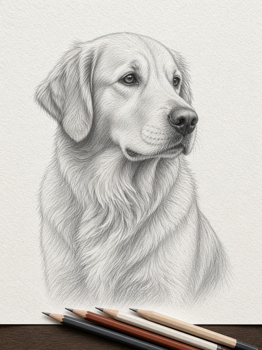 Hand-drawn pencil sketch pet portrait of a golden retriever